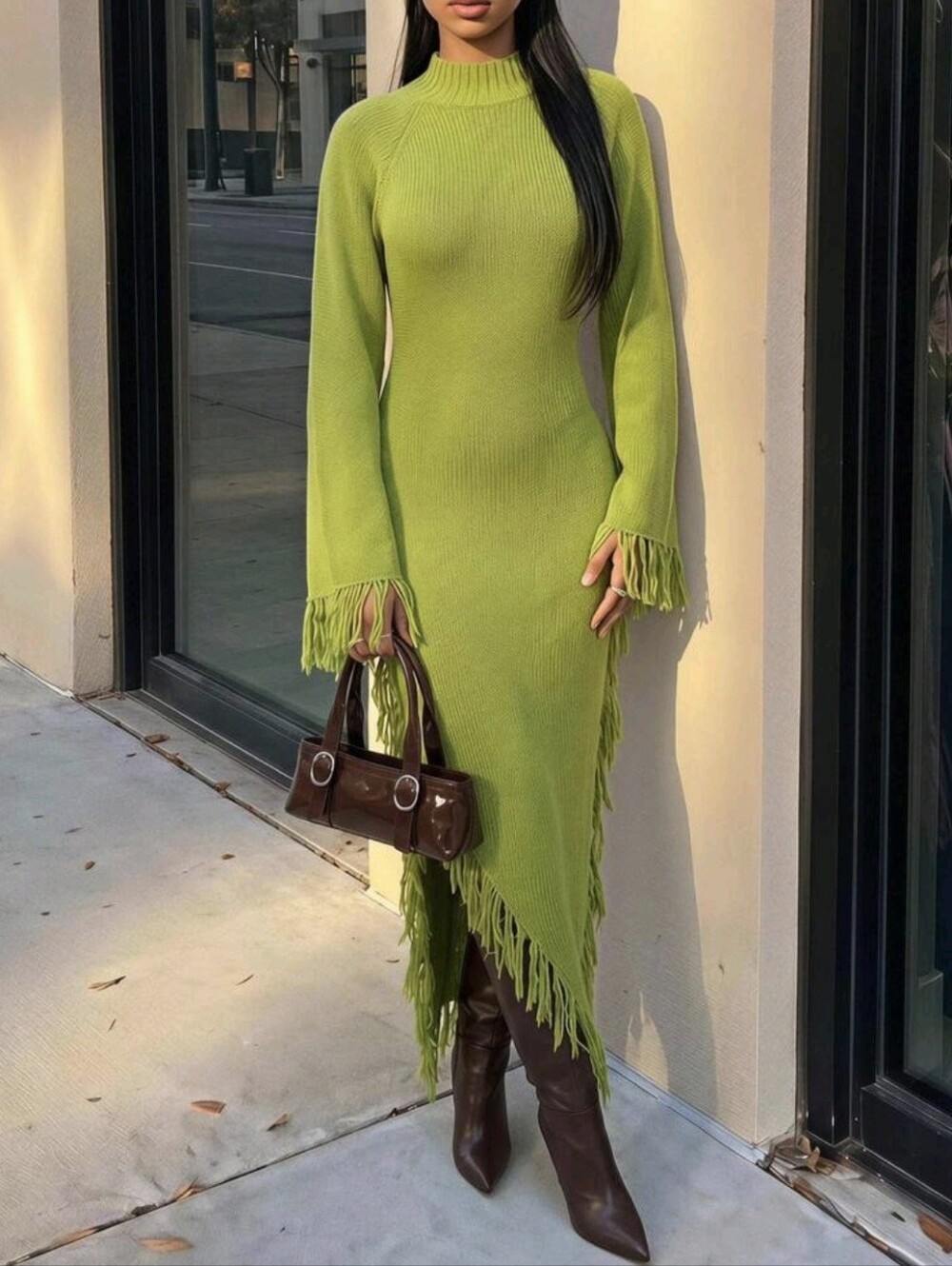 Women Knit Bodycon Maxi Dress Mock Neck Batwing Flare Sleeve Tassel Fringe Trim